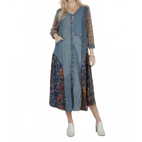 YOUNG THREADS Dresses & Skirts - NEW YOUNG THREADS boho patchwork midi dress in blue